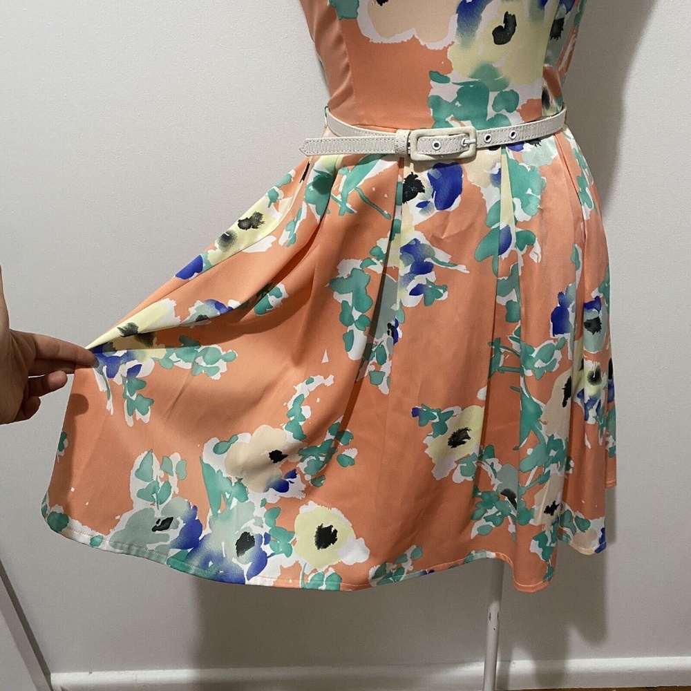 Review 8 Dress Peach Fit and Flare Floral Belt Above Knee Wedding Cocktail Party - Picture 4 of 8